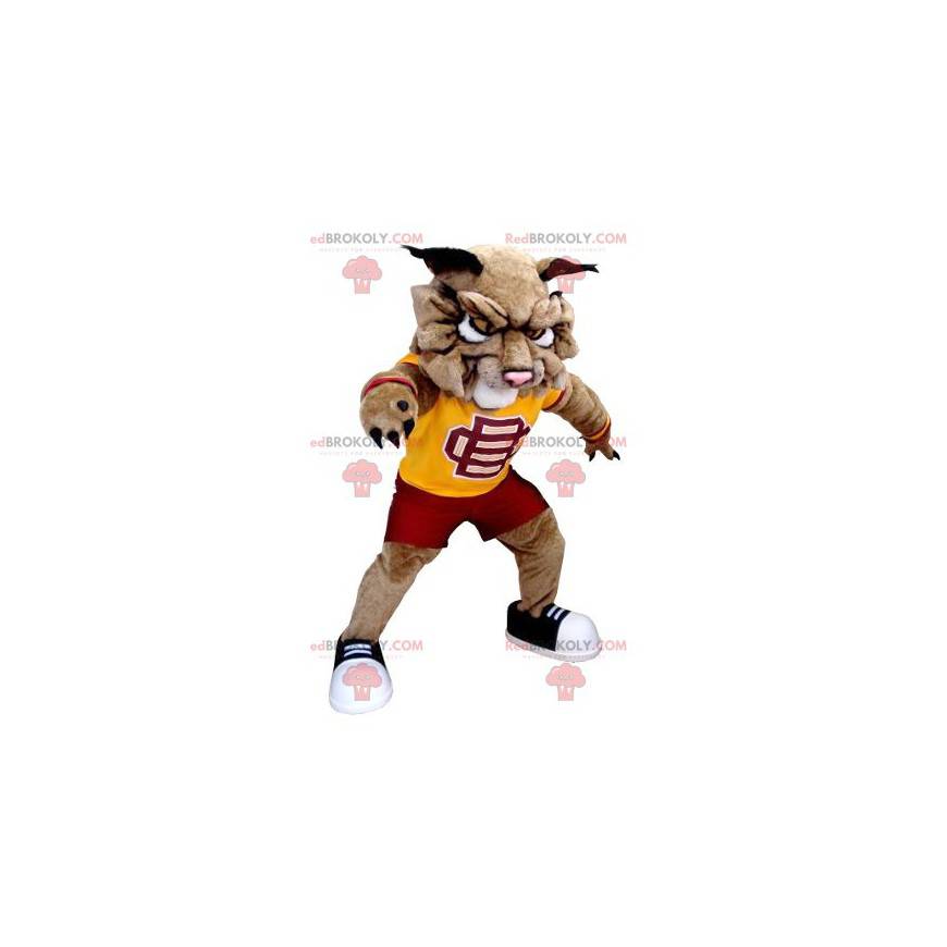 Mascotte de chien de lion marron en tenue de sport -