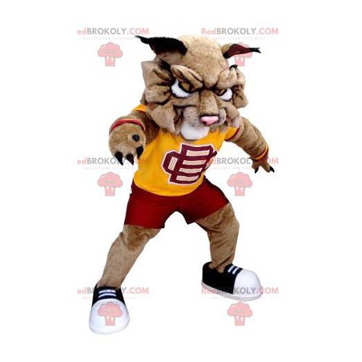 Mascotte de chien de lion marron en tenue de sport -