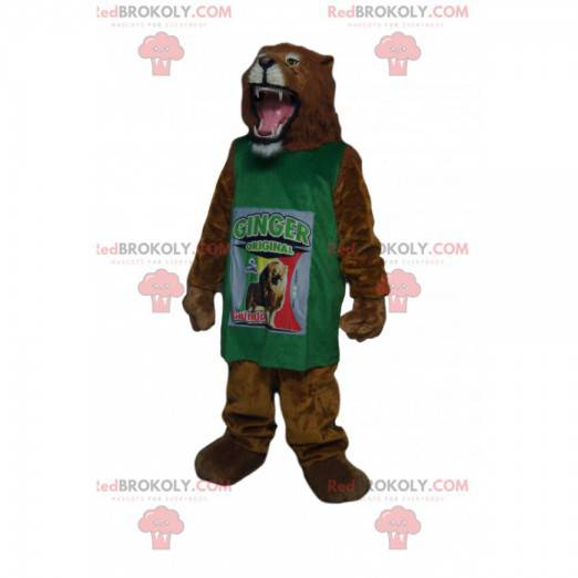 mascote leão muito feroz com uma camisa verde - Redbrokoly.com