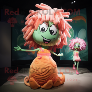 Peach Medusa mascot costume character dressed with a Mini Skirt and Ties