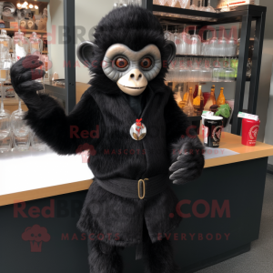 Black Capuchin Monkey mascot costume character dressed with a Cocktail Dress and Mittens