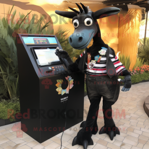 Black Okapi mascot costume character dressed with a Jeans and Wallets