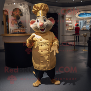 Gold Ratatouille mascot costume character dressed with a V-Neck Tee and Brooches