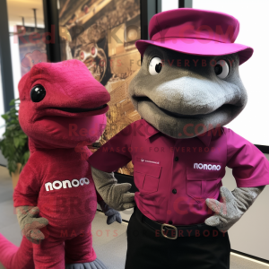 Magenta Komodo Dragon mascot costume character dressed with a Oxford Shirt and Berets