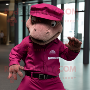 Magenta Komodo Dragon mascot costume character dressed with a Oxford Shirt and Berets