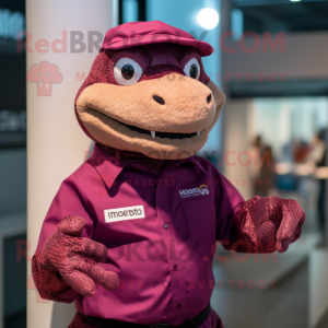 Magenta Komodo Dragon mascot costume character dressed with a Oxford Shirt and Berets