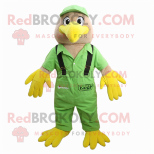 Lime Green Bald Eagle mascot costume character dressed with a Overalls and Pocket squares