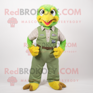 Lime Green Bald Eagle mascot costume character dressed with a Overalls and Pocket squares