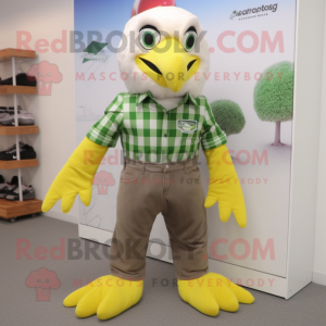 Lime Green Bald Eagle mascot costume character dressed with a Overalls and Pocket squares