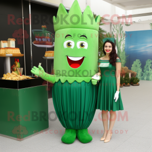 Forest Green French Fries mascot costume character dressed with a Cocktail Dress and Shoe clips