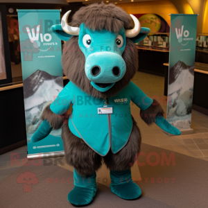 Teal Bison mascot costume character dressed with a V-Neck Tee and Tie pins