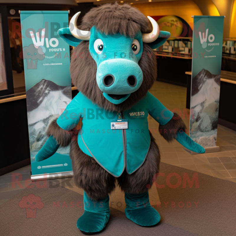 Teal Bison mascot costume character dressed with a V-Neck Tee and Tie pins