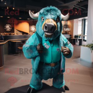 Teal Bison mascot costume character dressed with a V-Neck Tee and Tie pins