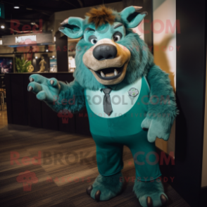 Teal Bison mascot costume character dressed with a V-Neck Tee and Tie pins