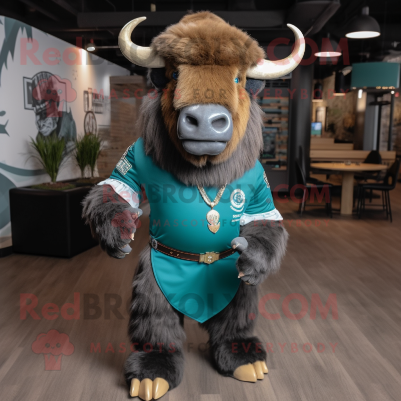 Teal Bison mascot costume character dressed with a V-Neck Tee and Tie pins