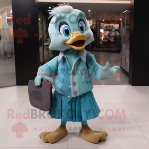 Cyan Gosling mascot costume character dressed with a Blouse and Clutch bags