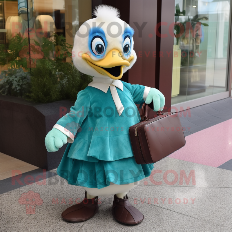 Cyan Gosling mascot costume character dressed with a Blouse and Clutch bags