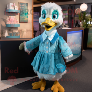 Cyan Gosling mascot costume character dressed with a Blouse and Clutch bags