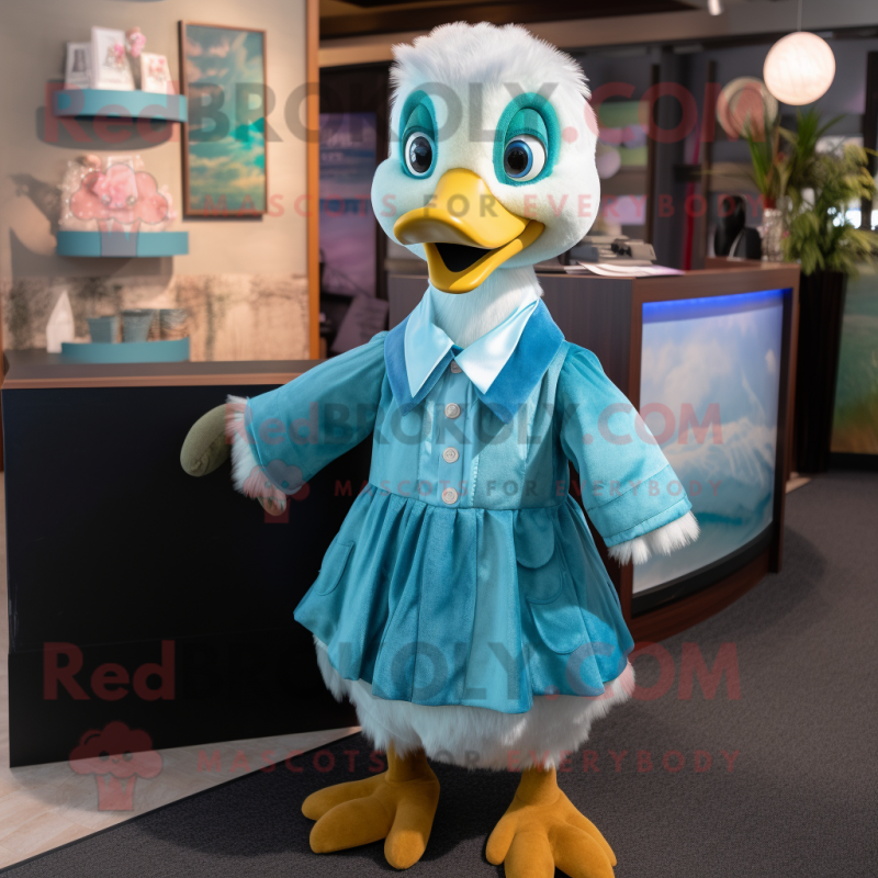 Cyan Gosling mascot costume character dressed with a Blouse and Clutch bags Cyan Gosling mascot costume character dressed with a Blouse and Clutch bags