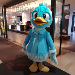 Cyan Gosling mascot costume character dressed with a Blouse and Clutch bags