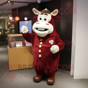 Maroon Cow mascot costume character dressed with a Cover-up and Coin purses