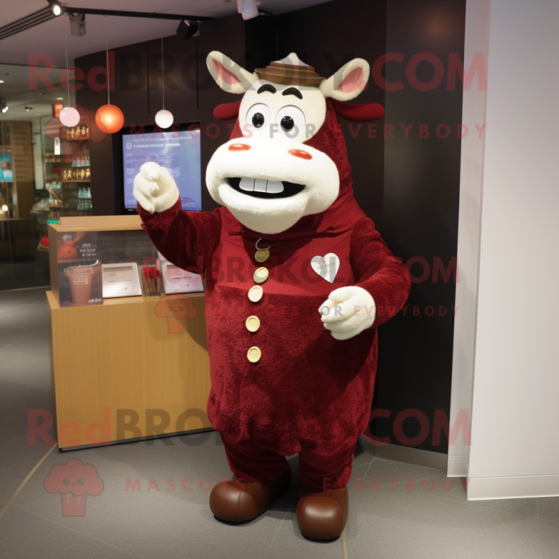 Maroon Cow mascot costume character dressed with a Cover-up and Coin purses Maroon Cow mascot costume character dressed with a Cover-up and Coin purses