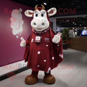 Maroon Cow mascot costume character dressed with a Cover-up and Coin purses