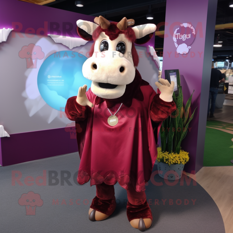 Maroon Cow mascot costume character dressed with a Cover-up and Coin purses Maroon Cow mascot costume character dressed with a Cover-up and Coin purses