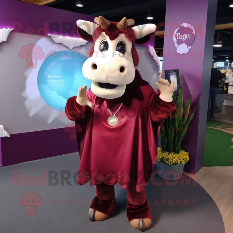 Maroon Cow mascot costume character dressed with a Cover-up and Coin purses