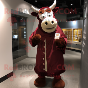 Maroon Cow mascot costume character dressed with a Cover-up and Coin purses