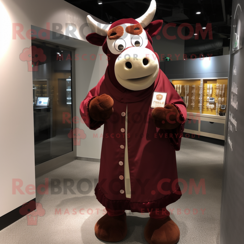 Maroon Cow mascot costume character dressed with a Cover-up and Coin purses Maroon Cow mascot costume character dressed with a Cover-up and Coin purses