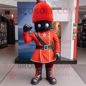 Rust British Royal Guard mascot costume character dressed with a Joggers and Mittens