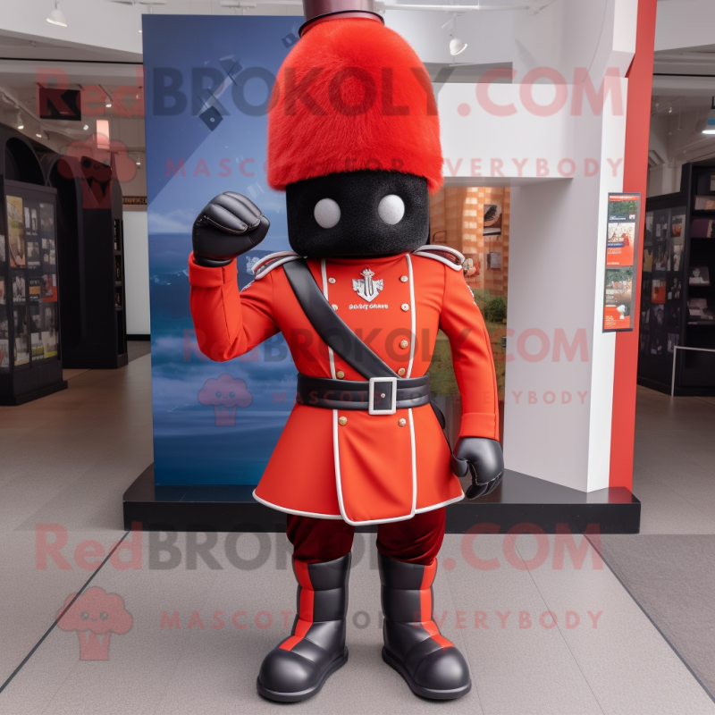 Rust British Royal Guard mascot costume character dressed with a Joggers and Mittens