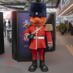 Rust British Royal Guard mascot costume character dressed with a Joggers and Mittens