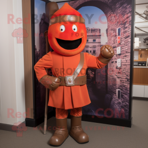 Rust British Royal Guard mascot costume character dressed with a Joggers and Mittens