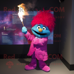 Magenta Fire Eater mascot costume character dressed with a Chambray Shirt and Shawl pins