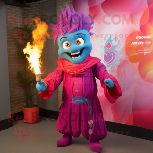 Magenta Fire Eater mascot costume character dressed with a Chambray Shirt and Shawl pins