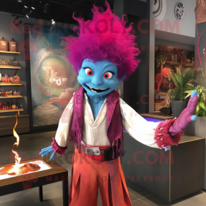 Magenta Fire Eater mascot costume character dressed with a Chambray Shirt and Shawl pins