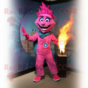 Magenta Fire Eater mascot costume character dressed with a Chambray Shirt and Shawl pins