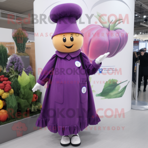 Purple Beet mascot costume character dressed with a A-Line Dress and Berets