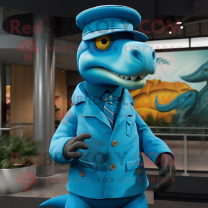 Sky Blue Tyrannosaurus mascot costume character dressed with a Turtleneck and Hat pins