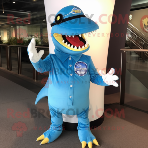 Sky Blue Tyrannosaurus mascot costume character dressed with a Turtleneck and Hat pins