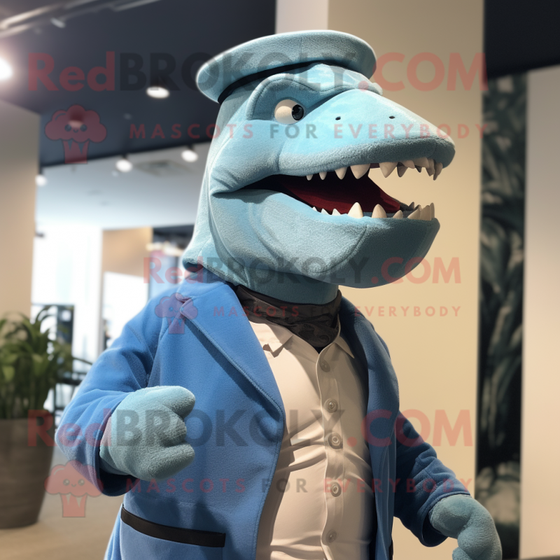 Sky Blue Tyrannosaurus mascot costume character dressed with a Turtleneck and Hat pins