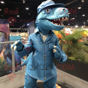 Sky Blue Tyrannosaurus mascot costume character dressed with a Turtleneck and Hat pins