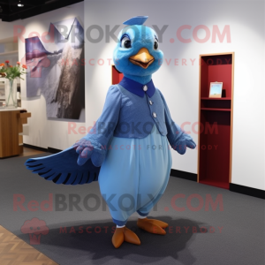 Blue Pigeon mascot costume character dressed with a A-Line Dress and Suspenders