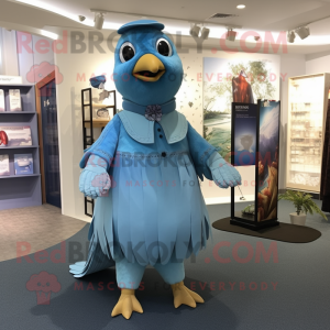 Blue Pigeon mascot costume character dressed with a A-Line Dress and Suspenders