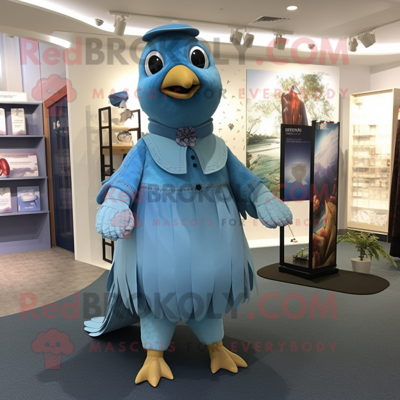 Blue Pigeon mascot costume character dressed with a A-Line Dress and Suspenders Blue Pigeon mascot costume character dressed with a A-Line Dress and Suspenders