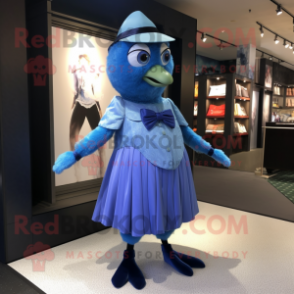 Blue Pigeon mascot costume character dressed with a A-Line Dress and Suspenders