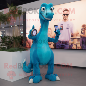 Cyan Brachiosaurus mascot costume character dressed with a Bootcut Jeans and Smartwatches