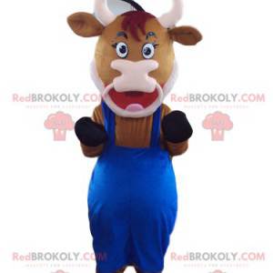 Mascote vaca marrom com macacão azul - Redbrokoly.com